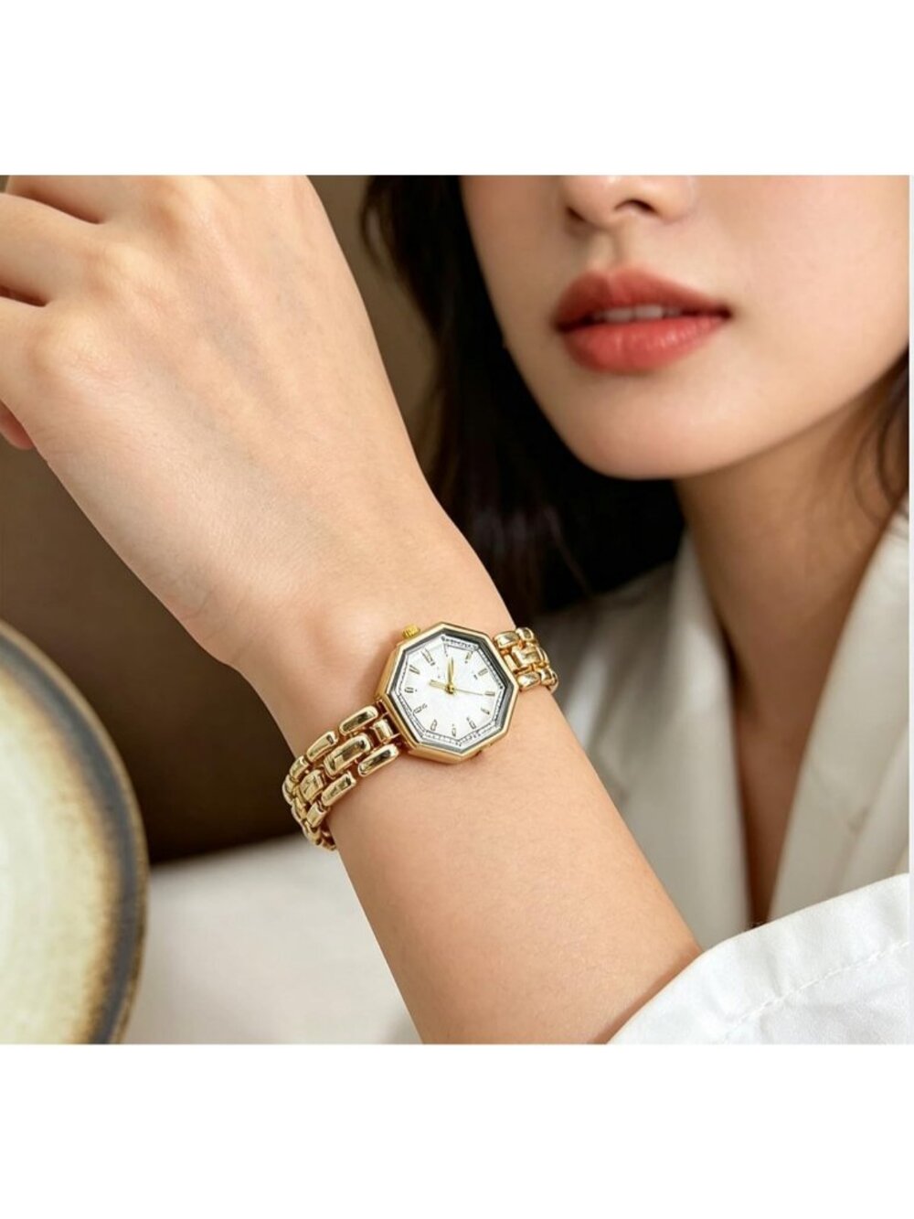 Women's Gold White Octagonal Stainless Steel Dress Quartz Vintage Wrist Watches - Picture 4 of 6